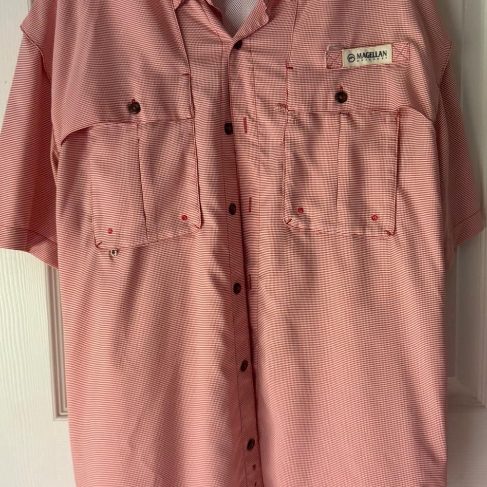 Magellan Outdoors Men’s Orange and White Short-Sleeve Button-Up Shirt